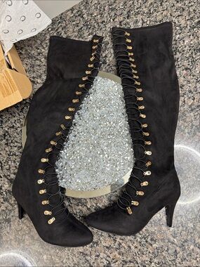 Journee Collection thrill Black Over-the-Knee thigh high Lace Heel Boots NEW 9
